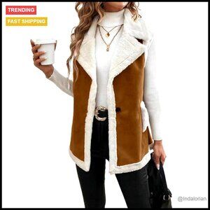 Sherpa Lined Suede Vest Jacket Sleeveless Faux Fur Warm Cozy Outerwear